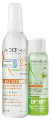 A-DERMA Protect Kids Spray Enfant Très Haute Protection SPF50+ 200 ml + Exomega Control Gel Lavant Émollient 100 ml Offert