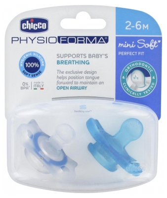 Chicco Physio Forma Mini Soft 2 Sucettes Silicone 2-6 Mois - Couleur : Transparent et Bleu