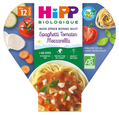 HiPP Mon Dîner Bonne Nuit Spaghetti Tomates Mozzarella dès 12 Mois Bio 230 g
