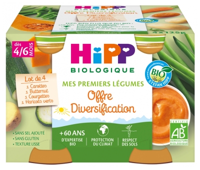 HiPP Moje Pierwsze Warzywa Dywersyfikacja od 4/6 Miesiąca Ekologiczne 4 Słoiki - Smak: Marchew, Butternut, Cukinia, Fasolka szparagowa