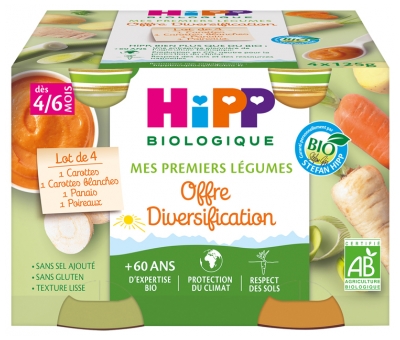 HiPP Moje Pierwsze Warzywa Dywersyfikacja od 4/6 Miesiąca Ekologiczne 4 Słoiki - Smak: Marchew, biała marchew, pasternak, por