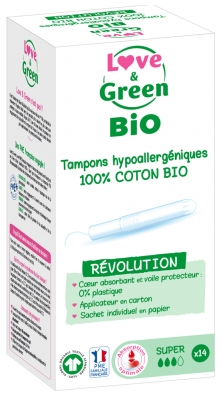 Love & Green Tampons Hypoallergéniques 100% Coton Bio 14 Tampons Super avec Applicateur