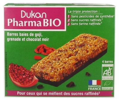 Dukan Pharma Bio Barres Baies de Goji Grenade et Chocolat Noir 4 Barres (à consommer de préférence avant fin 09/2021)