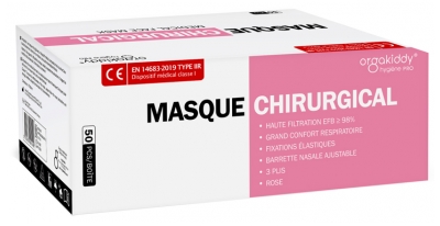 Orgakiddy Masque Chirurgical Facial Médical Haute Filtration EFB 98% Rose 50 Masques