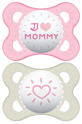 MAM 2 Symmetrical Silicone Original Soothers 2-6 Months - Model: Pink J'aime Mommy + Heart