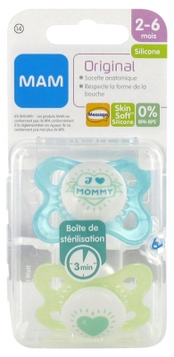 MAM 2 Symmetrical Silicone Original Soothers 2-6 Months - Model: Blue Love Mommy + Yellow Heart