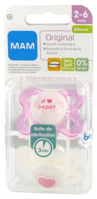 MAM 2 Symmetrical Silicone Original Soothers 2-6 Months - Model: Pink Love Daddy + Heart