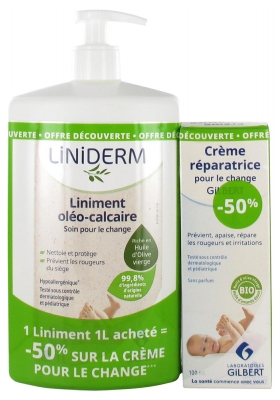 Gilbert Liniderm Liniment Oléo-Calcaire Flacon-Pompe 1 L + Crème Réparatrice pour le Change 100 ml