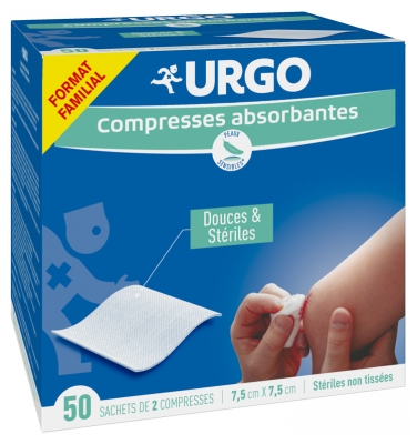 Urgo Compresses Absorbantes Douces & Stériles Non Tissées 7,5 cm x 7,5 cm 50 Sachets de 2 Compresses