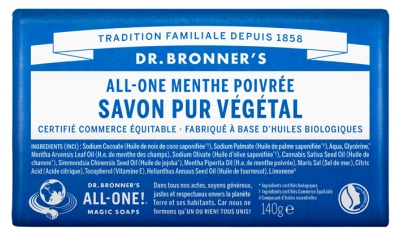 Dr Bronner's Savon Pur Végétal All-One 140 g - Parfum : Menthe Poivrée
