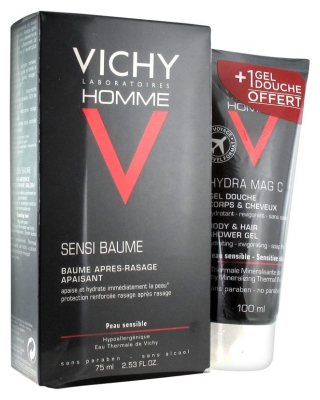 Vichy Homme Sensi Baume Bálsamo After-Shave Calmante 75 ml + Hydra Mag C Gel Ducha Cuerpa & Cabello 100 ml Regalo