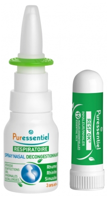 Puressentiel Respiratory Decongestant Nasal Spray 15ml + Resp OK Inhaler With 19 Essential Oils 1ml