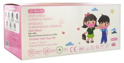 Médi-Santé Mascarilla Quirúrgica Desechable Para Niños Tipo IIR EFB 98% Rosa 50 Mascarillas