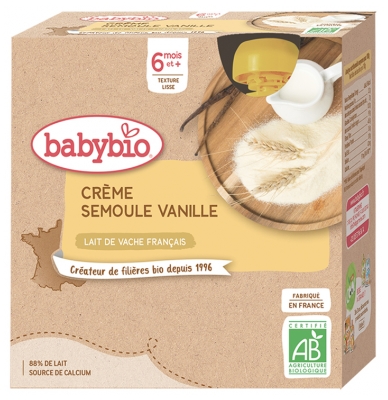 Babybio Cream Semolina Vanilla 6 Months and + Organic 4 x 85 g Bottles