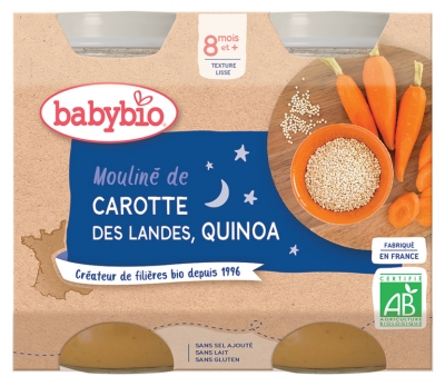 Babybio Bonne Nuit Mouliné de Carotte & Quinoa 8 Mois et + Bio 2 Pots de 200 g