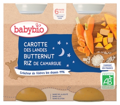 Babybio Bonne Nuit Carotte Butternut Riz 6 Mois et + Bio 2 Pots de 200 g