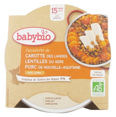 Babybio Cassolette de Carotte Lentilles Porc 15 Mois et + Bio 260 g