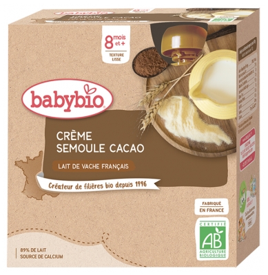 Babybio Crema di Semola di Cacao Biologica 8 Mesi e Oltre 4 Bottiglie da 85 g