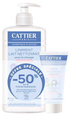 Cattier Bébé Liniment Lait Nettoyant pour le Change Hypoallergénique 500 ml + Crème Hydratante Hypoallergénique 75 ml