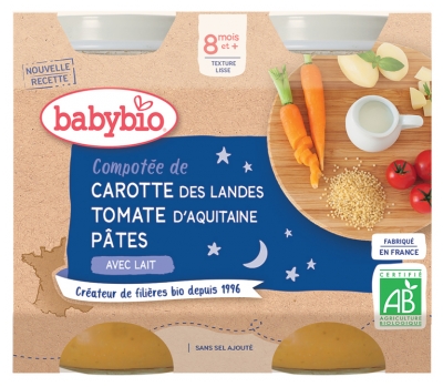 Babybio Bonne Nuit Compotée de Carotte Tomate Pâtes 8 Mois et + Bio 2 Pots de 200 g