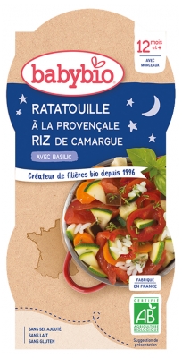 Babybio Bonne Nuit Ratatouille à la Provençale & Riz 12 Mois et + Bio 2 Bols de 200 g