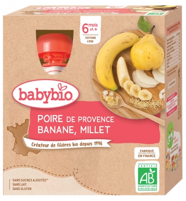 Babybio Pera Banana Miglio 6 Mesi e + Bio 4 Bottiglie da 90 g