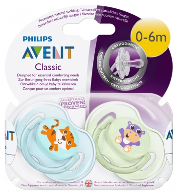 Avent Classic Animals 2 Silicon Orthodontic Soothers 0-6 Months