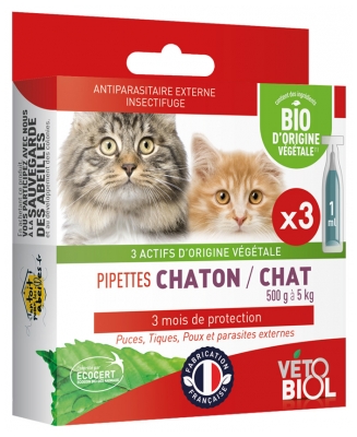 Vétobiol Pipettes Kitten Cat 500g to 5kg Organic 3 Pipettes