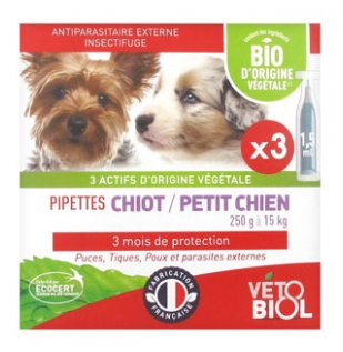Vétobiol Pipettes Chiot Petit Chien 250 g à 15 kg Bio 3 Pipettes