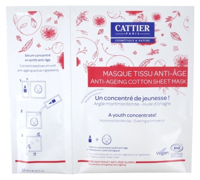 Cattier Anti-Ageing Cotton Sheet Mask + Concentrated Serum with Anti-Ageing Active Ingredients Organic 20ml