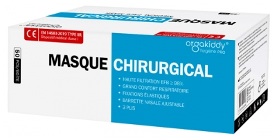 Orgakiddy Masque Chirurgical Facial Médical Haute Filtration EFB 98% 50 Masques
