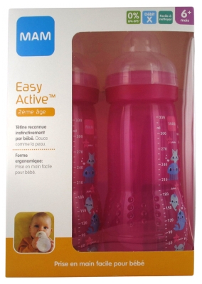 MAM Easy Active 2nd Age 2 Baby Bottles 330ml 6 Months and + X Flow - Colour: Dark Pink