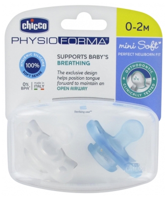 Chicco Physio Forma Mini Soft 2 Silicone Soothers 0-2 Months - Colour: Transparent white and Blue