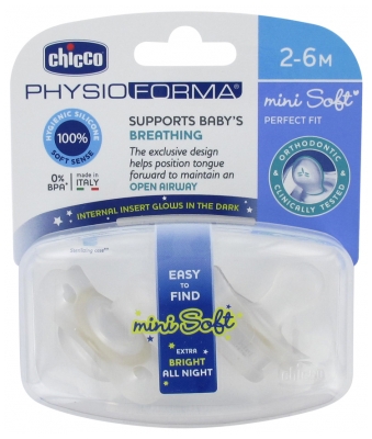 Chicco Physio Forma Mini Soft 2 Sucettes Silicone Phosphorescentes 2-6 Mois