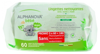 Alphanova Baby Fragrance Free Cleaning Wipes 3 x 60 Wipes