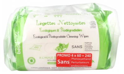 Alphanova Baby Ecological and Biodegradable Cleansing Wipes 4 x 60 Wipes