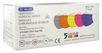 Médi-Santé Mascarilla Quirúrgica Desechable Tipo IIR EFB 98% 5 Colores 50 Mascarillas