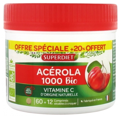 Superdiet Acérola 1000 Bio 60 Comprimés + 12 Comprimés Offerts