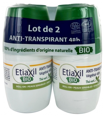 Etiaxil Déodorant Anti-Transpirant Végétal 48h Roll-On Bio Lot de 2 x 50 ml - Senteur : Thé Vert
