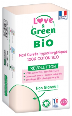 Love & Green Maxi Carrés Hypoallergéniques 100% Coton Bio 70 Cotons