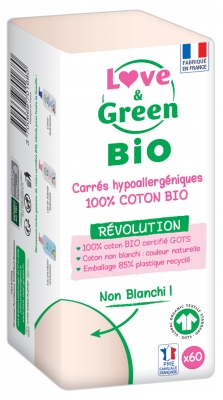 Love & Green Carrés Hypoallergéniques 100% Coton Bio 60 Cotons