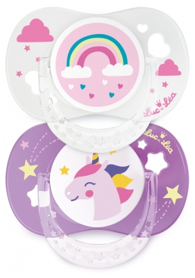 Luc et Léa 2 Anatomic Silicone Soothers With Ring 18 Months and + - Model: Rainbow and Unicorn