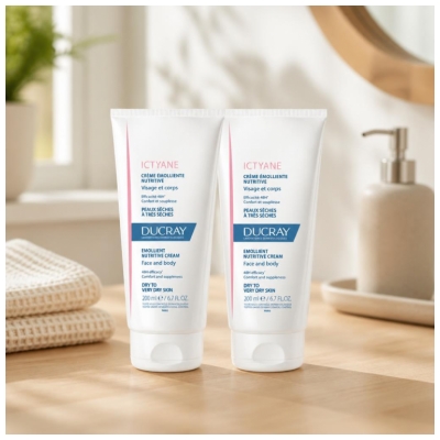 Ducray Ictyane Maitinamasis emolientinis kremas veidui ir kūnui, 2 x 200 ml pakuotė