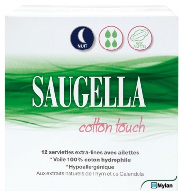 Saugella Cotton Touch Nuit 12 Serviettes Extra-Fines avec Ailettes