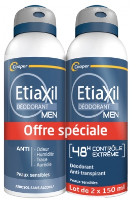 Etiaxil Déodorant Men Anti-Transpirant Contrôle 48H Aérosol Lot de 2 x 150 ml