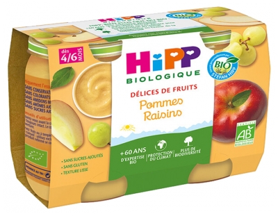 HiPP Délices de Fruits Pommes Raisins dès 4/6 Mois Bio 2 Pots