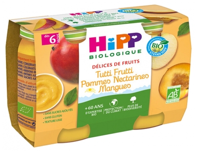HiPP Délices de Fruits Tutti Frutti Pommes Nectarines Mangues dès 6 Mois Bio 2 Pots