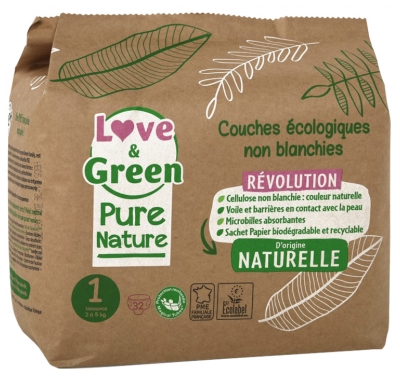 Love & Green Ekoloģiskās Autiņbiksītes Pure Nature 32 Autiņbiksītes Izmērs 1 Dzimšanas (2 līdz 5 Kg)