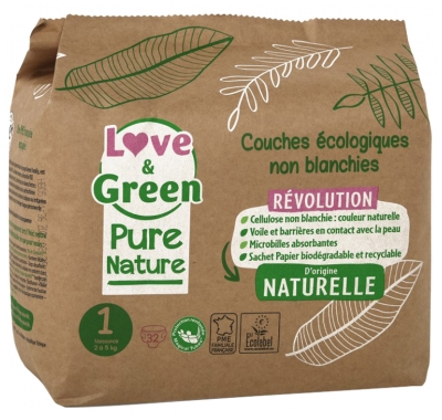 Love & Green Organic Diapers Pure Nature 32 Diapers Size 1 Birth (2 to 5Kg)