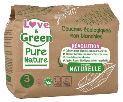 Love & Green Couches Écologiques Pure Nature 42 Couches Taille 3 Midi (4 à 9 kg)